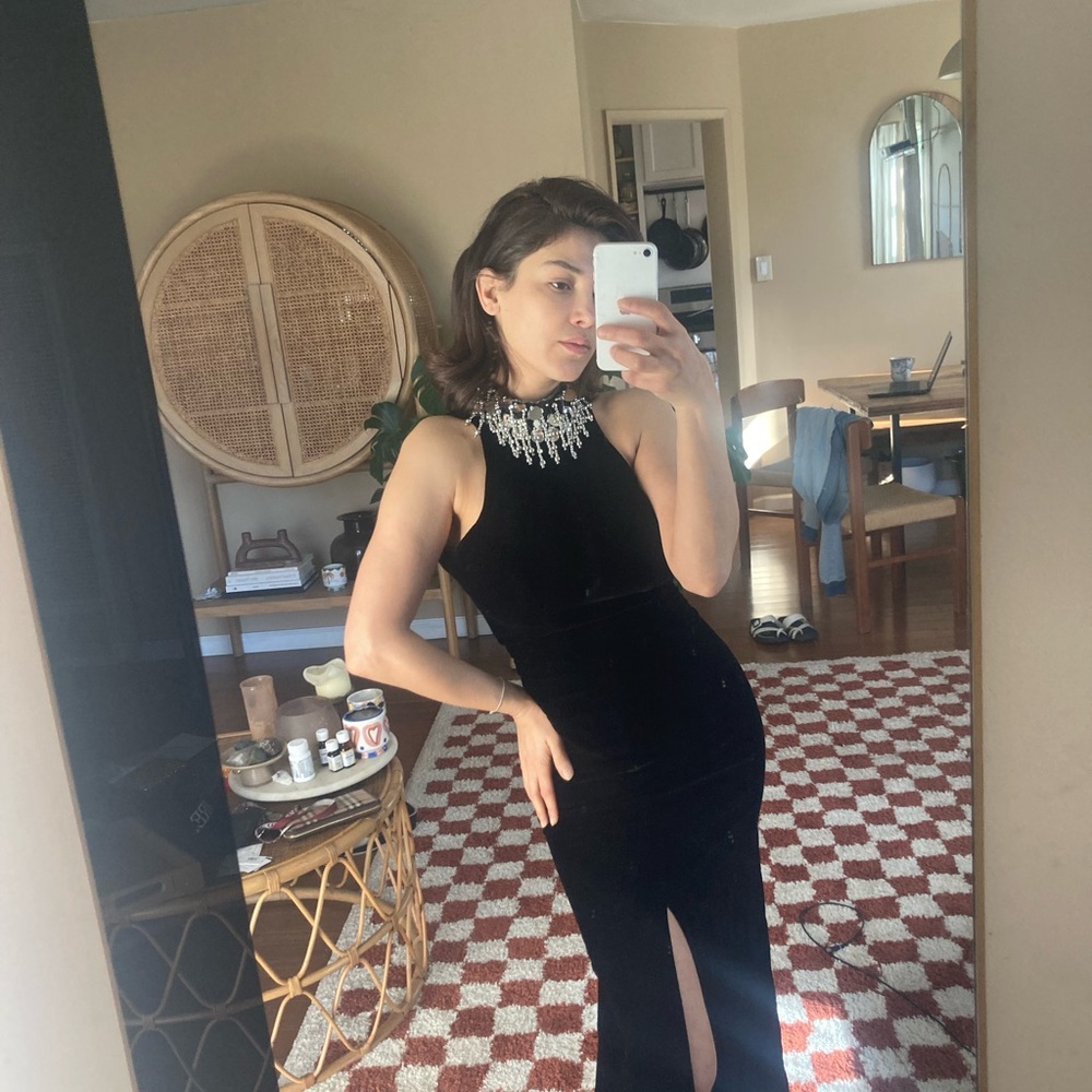 Karen Okada Vintage Velvet halter Black Gown with Crystal Embellished Neckline
